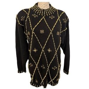 VTG Marshall Rousso Elegant Gold Embellishments Black Sweater Medium